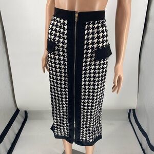 Women's Elegant Houndstooth Zip-Up Midi Skirt – Slim Fit High Waist Pencil Skirt